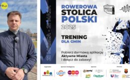 Kacper Leśny, dyrektor Miejskiego Ośrodka Sportu i Rekreacji w Działdowie i plakat informujący o akcji Aktywne Miasta