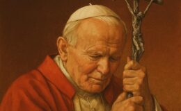 plakat informujący o Czuwaniu ze św. Janem Pawłem II w parafii pw. Podwyższenia Krzyża Świętego