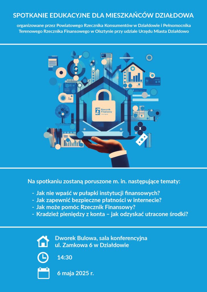 Jak przypilnować swoje pieniądze plakat informujący o spotkaniu edukacyjnym dla mieszkańców Działdowa