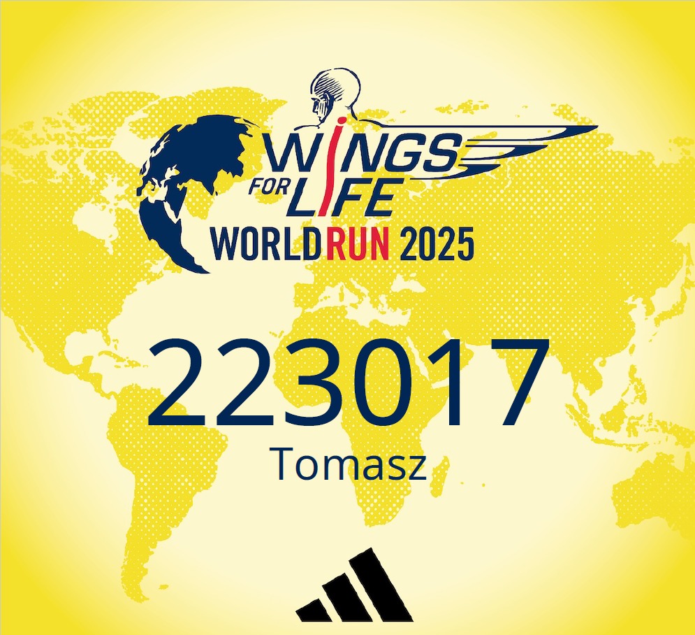Cały świat startuje o tej samej porze - w Polsce to 4 maja godzina 13.00 logo Wings for Life World Run 2025 i numer startowy pana Tomasza