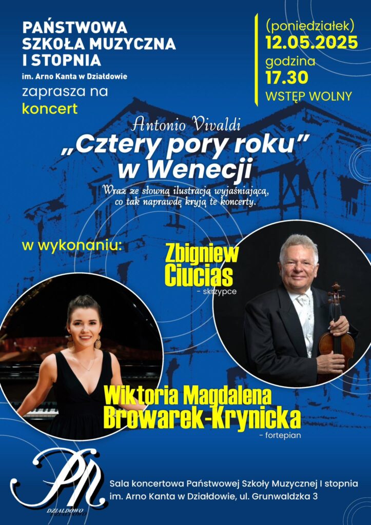 "Cztery pory roku" w naszej szkole muzycznej. Zapraszamy na koncert plakat informujący o koncercie "Cztery pory roku" w szkole muzycznej w Działdowie
