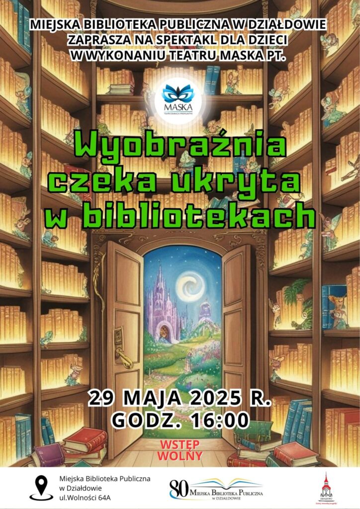 plakat informujący o spektaklu dla dzieci w MBP w Działdowie