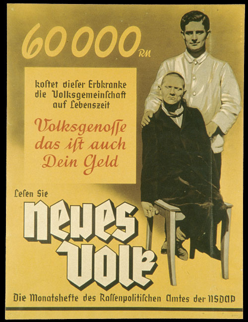 propagandowy plakat niemiecki z 1938 roku przeciwko utrzymywaniu przy życiu osób chorych