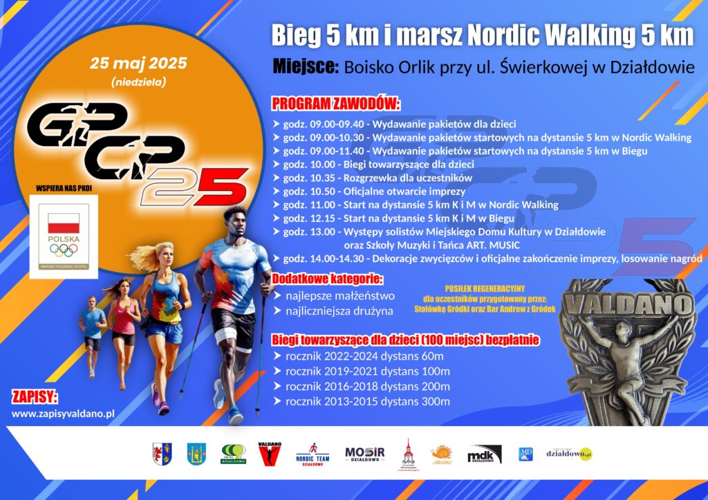 Nordic Team Działdowo zaprasza na Grand Prix Cross Polska 2025 plakat informujący o zawodach sportowych biegu na 5 km i marszu Nordic Walking na 5 km, który odbędzie się w Działdowie