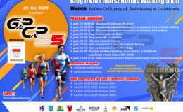 plakat informujący o zawodach sportowych biegu na 5 km i marszu Nordic Walking na 5 km, który odbędzie się w Działdowie