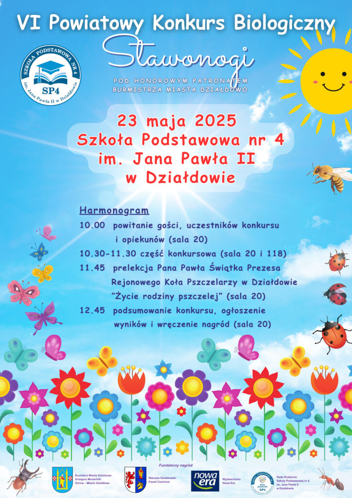 VI Powiatowy Konkurs Biologiczny w SP nr 4 w Działdowie plakat informujący o konkursie biologicznym w SP nr 4 w Działdowie