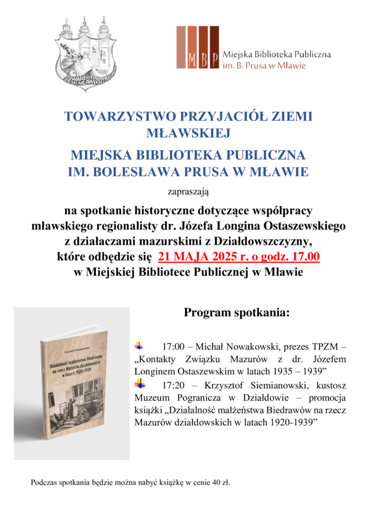 Kustosz Muzeum Pogranicza Krzysztof Siemianowski opowie o Mazurach działdowskich w Mławie plakat informujący o spotkaniu
