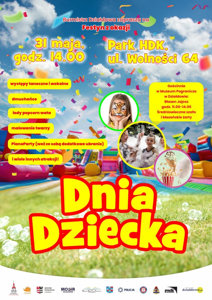 plakat informujący o atrakcjach w Działdowie z okazji Dnia Dziecka