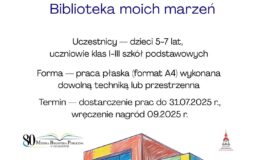 plakat informujący o konkursie plastycznym z okazji 80. lecia Miejskiej biblioteki Publicznej w Działdowie