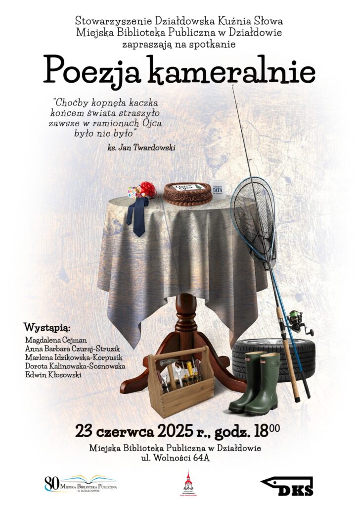 "Poezja kameralnie" - z poetą przy stoliku plakat informujący o spotkaniu "Poezja kameralnie" w MBP w Działdowie