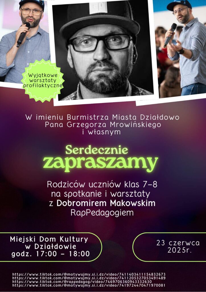 Spotkanie z RapPedagogiem w Miejskim Domu Kultury plakat informujący o warsztatach z Dobromirem Makowskim - RapPedagogiem w Miejskim Domu Kultury w Działdowie