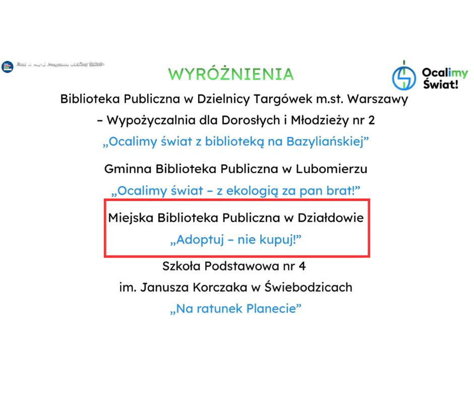 "Adoptuj-nie kupuj" - akcja drugoklasistów i Miejskiej Biblioteki Publicznej została wyróżniona ranking wyróżnionych bibliotek w tym naszej MBP