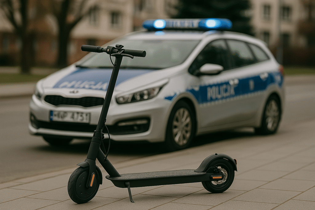 Jechał hulajnogą ponad 40 km/h hulajnoga elektryczna, w tle stoi radiowóz policyjny
