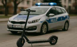 hulajnoga elektryczna, w tle stoi radiowóz policyjny