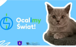 plakat z hasłem "Ocalimy świat", na plakacie widać też kota
