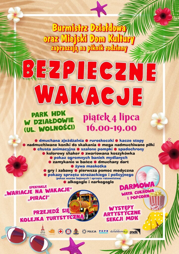 plakat informujący o pikniku rodzinnym „Bezpieczne wakacje”