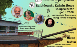 plakat informujący o występie słowno-muzycznym w Restauracji „RyBaśka” w Koszelewach