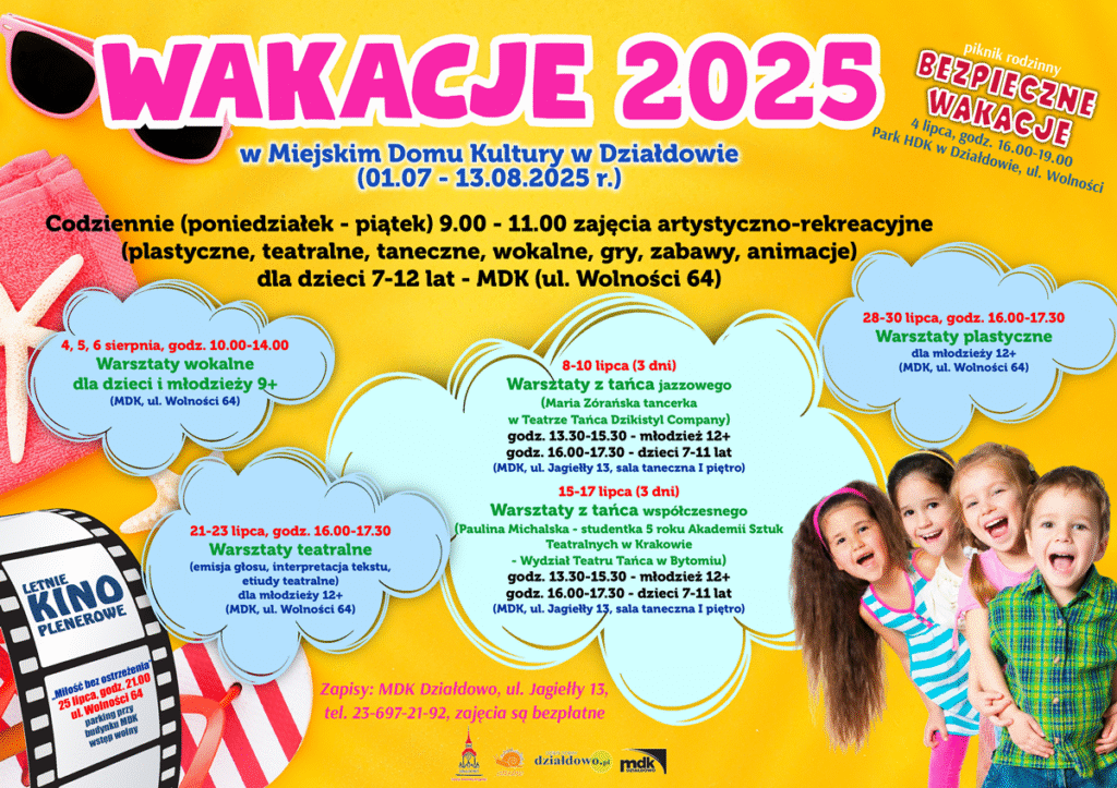 plakat informujący o zajęciach artystycznych w Miejskim Domu Kultury w Działdowie w okresie wakacji