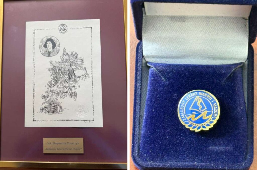 Ordynator Oddziału Noworodkowego, została wyróżniona prestiżowym odznaczeniem „Zasłużony Lekarz Warmii i Mazur” pamiątkowy dyplom i medal dla pani doktor Bogumiły Tomczyk