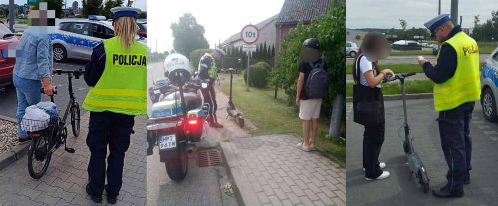 kolaż zdjęć, na którym policjanci kontrolują użytkowników jednośladów / fot. Policja