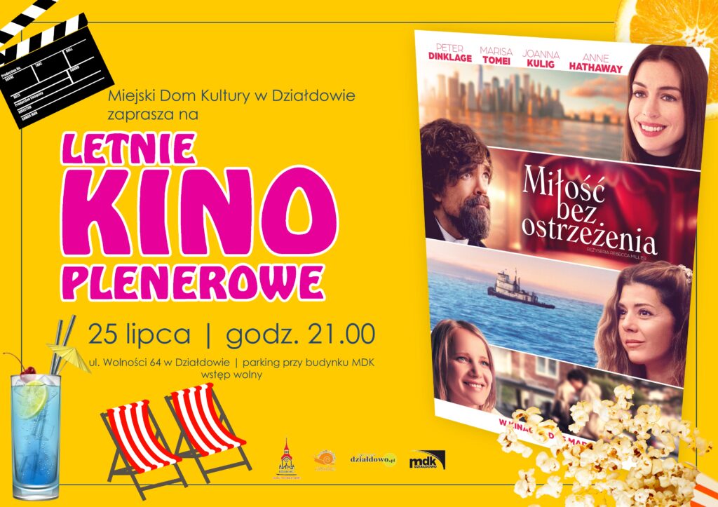 "Miłość bez ostrzeżenia" - zapraszamy na letnie kino plenerowe plakat informujący o Letnim Kinie Plenerowym w Działdowie
