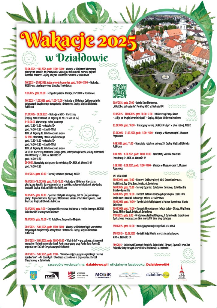 plakat informujący o atrakcjach w Działdowie podczas Wakacji 2025