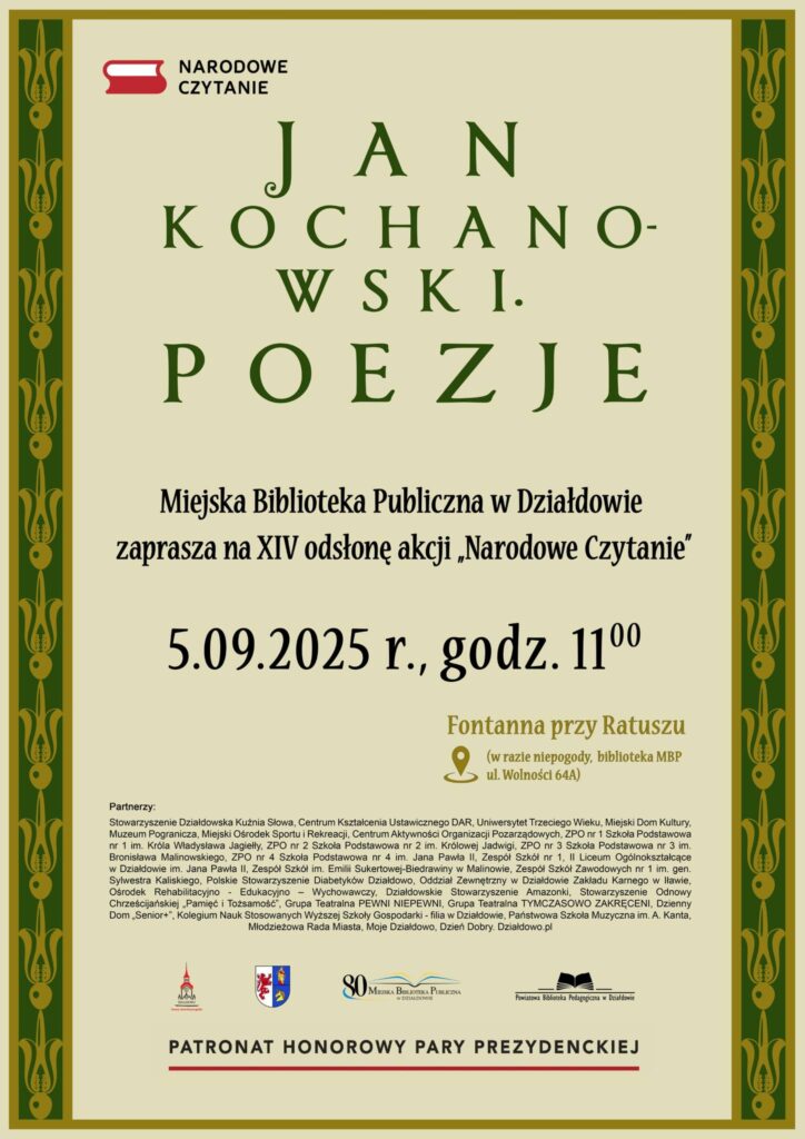 Narodowe Czytanie w Działdowie - Jan Kochanowski plakat informujący o Narodowym Czytaniu 2025