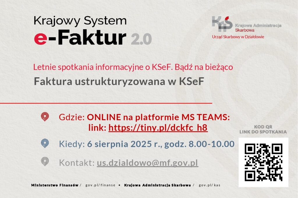 grafika informująca o szkoleniu online pod nazwą „Letnie spotkania informacyjne o KSeF. Bądź na bieżąco”