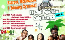 plakat informujący o X Działdowskim Jarmarku Staroci, Rękodzieła i Zdrowej Żywności oraz IX Zlocie Pojazdów Zabytkowych