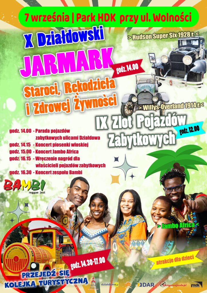 plakat informujący o X Działdowskim Jarmarku Staroci, Rękodzieła i Zdrowej Żywności oraz IX Zlocie Pojazdów Zabytkowych