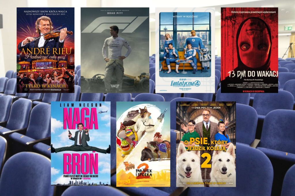 Zapraszamy do Kina Apollo na sześć filmów i jedną retransmisje koncertu plakaty filmowe takich filmów jak: "Pan Wilk i Spółka 2", "O psie, który jeździł koleją 2", "Naga Broń", "Fantastyczna 4: Pierwsze Kroki", "13 dni do wakacji", "F1: Film", „André Rieu. Przetańczyć całą noc!” Retransmisja letniego koncertu z Maastricht 2025