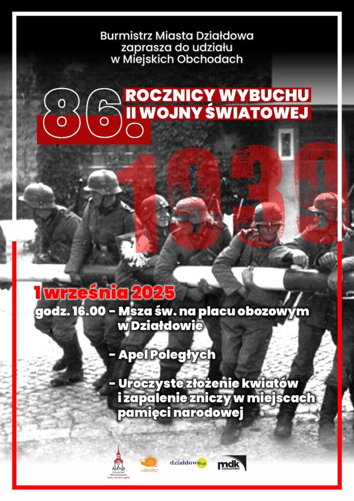 Zaproszenie na Miejskie Obchody 86. rocznicy wybuchu II wojny światowej plakat informujący o uroczystościach obchodów 86. rocznicy wybuchu II wojny światowej