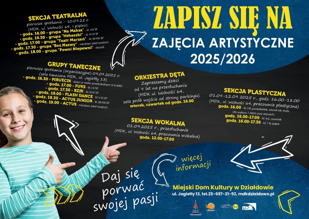 plakat informujący o zapisach do sekcji artystycznych Miejskiego Domu Kultury w Działdowie