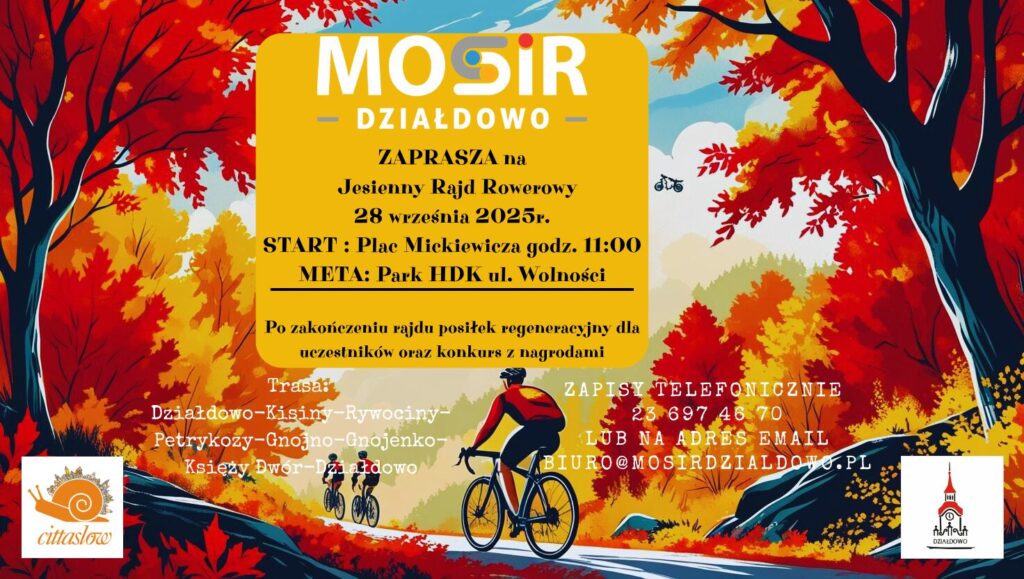 MOSiR zaprasza na Jesienny Rajd Rowerowy plakat informujący o Jesienny Rajdzie Rowerowym 2025 organizowanym przez MOSiR Działdowie