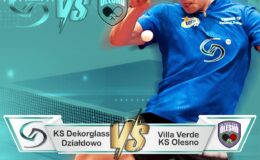 plakat informujący o spotkaniu tenis stołowego pomiędzy Dekorglass Działdowo - Villa Verde Olesno, 14 września, godz. 16.00