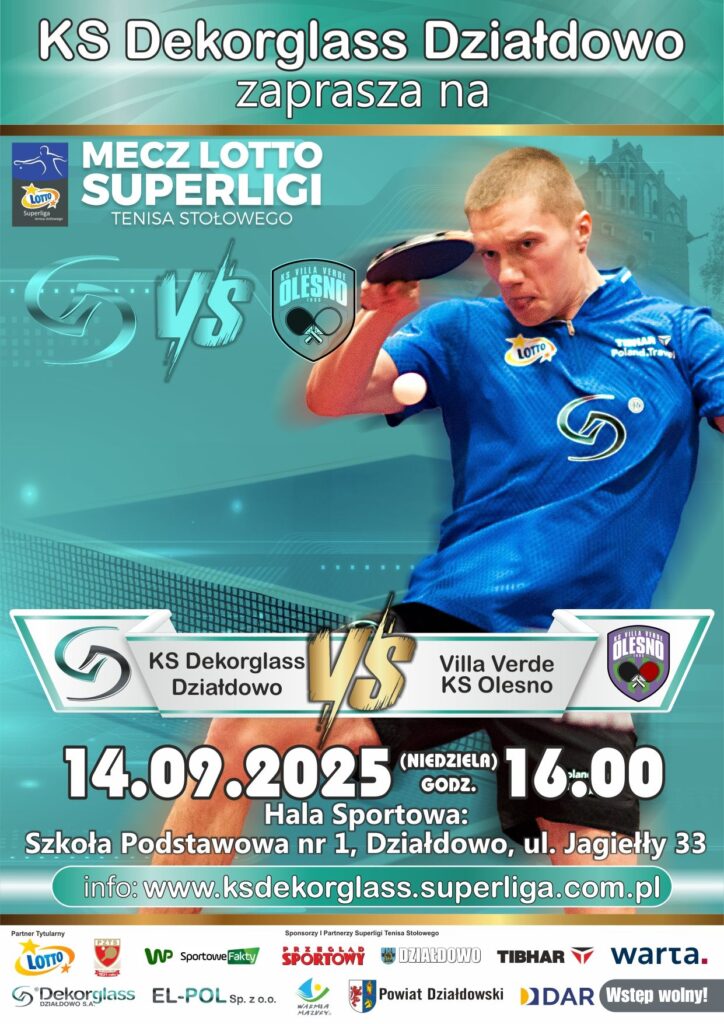 plakat informujący o spotkaniu tenis stołowego pomiędzy Dekorglass Działdowo - Villa Verde Olesno, 14 września, godz. 16.00