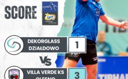 infografika informująca o wyniku spotkania tenis stołowego pomiędzy Dekorglass Działdowo – Villa Verde Olesno, 1:3