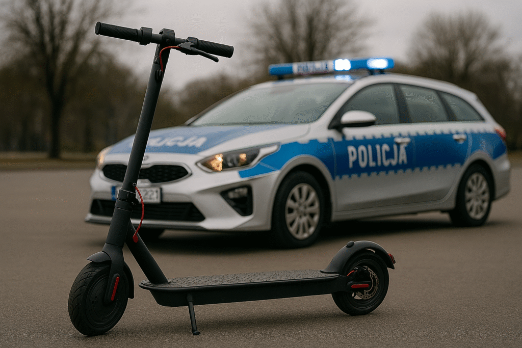 hulajnoga elektryczna, a w tle radiowóz policyjny