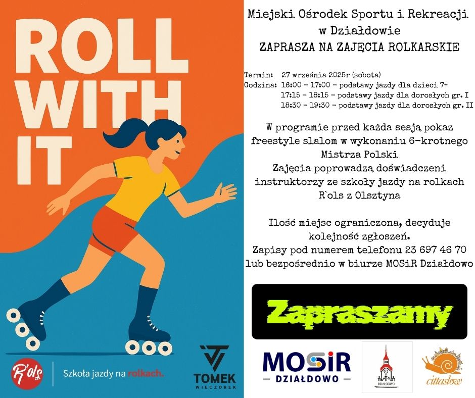 plakat informujący o wydarzeniu - Bezpłatne zajęcia rolkarskie w MOSiR