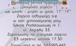 plakat informujący o zapisach do dzieci i młodzieży do Akademii Tenisa Stołowego w Działdowie