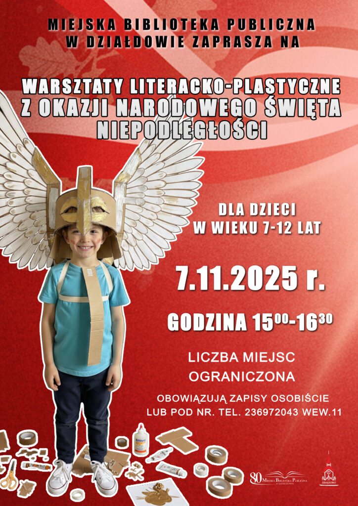 plakat informujący o warsztatach dla dzieci w MBP z okazji Święta Niepodległości