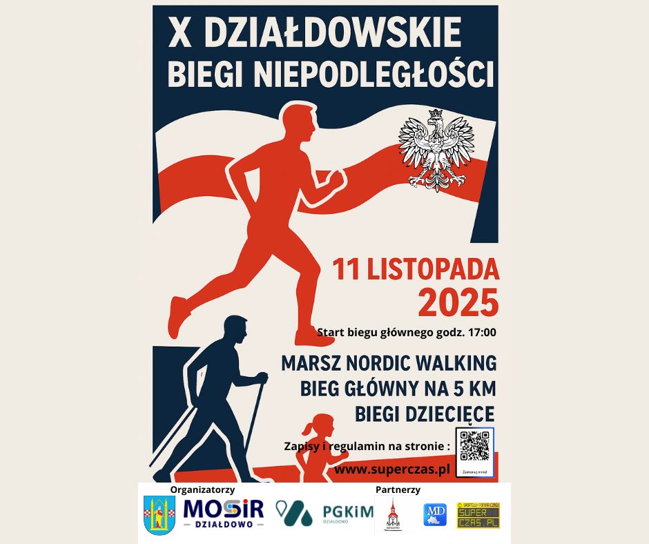 plakat informujący o X Działdowskich Biegach Niepodległości