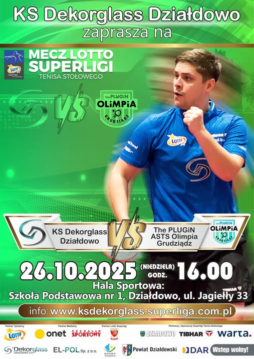 plakat informujący o meczu Dekorglassu Działdowo z The PLUGiN Olimpia Grudziądz