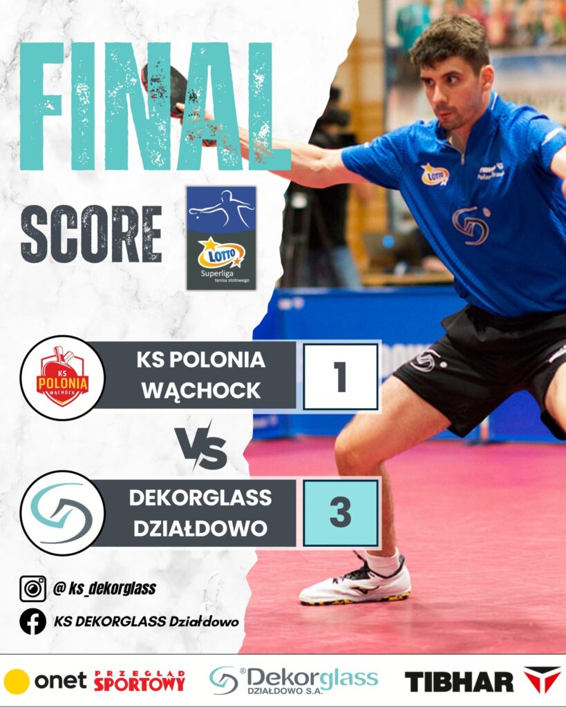 Dekorglass zwyciężył w Wąchocku za 3 punkty infografika informująca o zwycięstwie Dekorglassu Działdowo z TTcup.com Polonia Wąchock