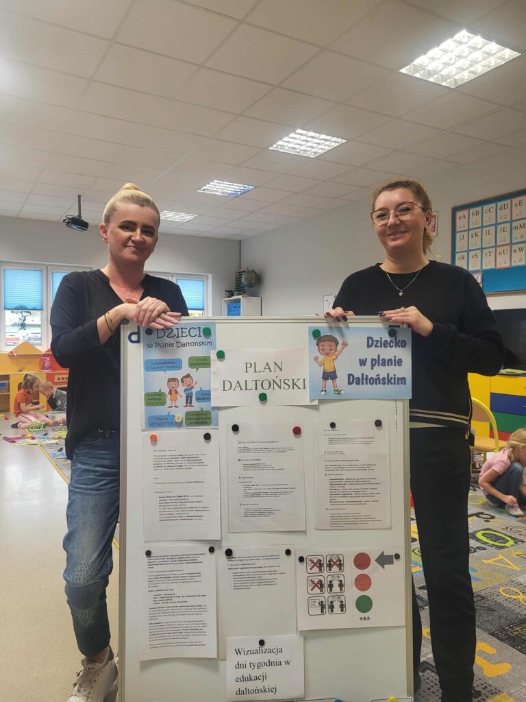Hasło Planu Daltońskiego „Pomóż mi zrobić to samemu” panie nauczycielki przy tablicy z hasłami Planu Daltońskiego