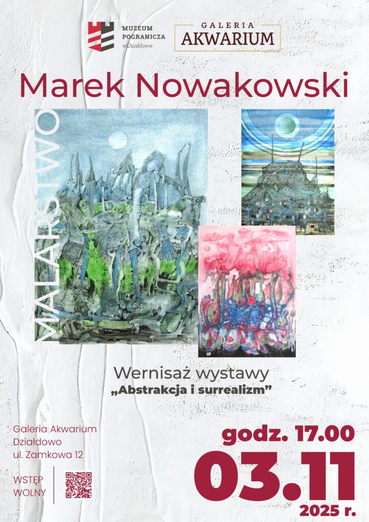 plakat informujący o wernisażu wystawy w Galerii Akwarium w Działdowie
