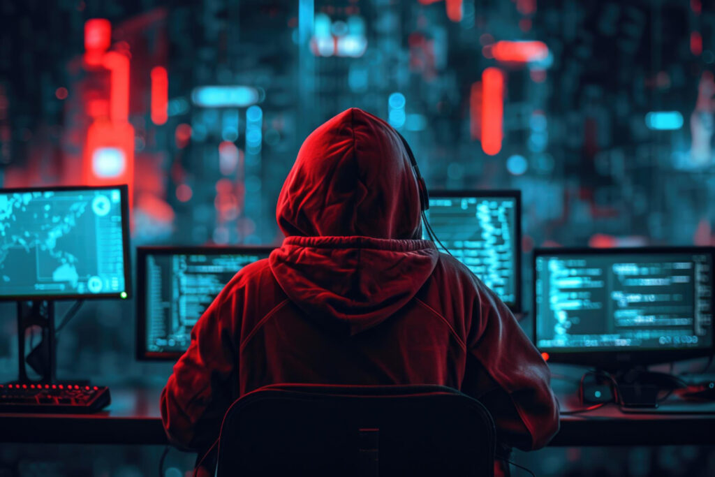 osoba siedzi przed monitorem komputera