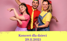 grafika informująca o koncercie zespołu Spoko Loko w Działdowie, widać dwie kobiety, jednego mężczyznę i treść informująca o koncercie