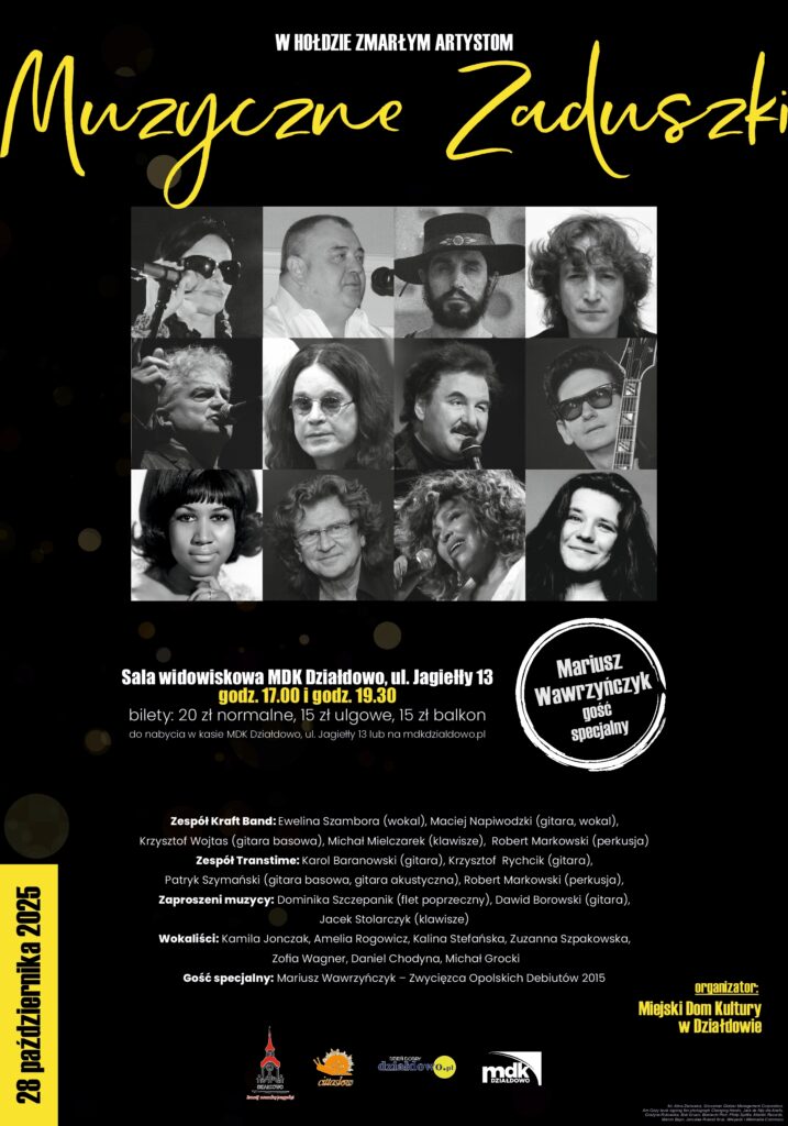 plakat informujący o koncercie "Muzyczne Zaduszki" w Miejskim Domu Kultury