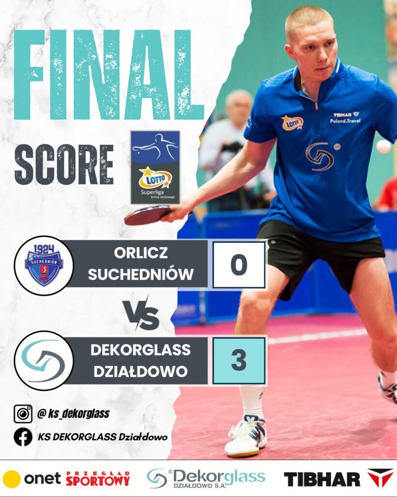 Znakomity występ Dekorglassu Działdowo w Suchedniowiev infografika informująca o zwycięstwie Dekorglassu Działdowo z Bankiem Spółdzielczym Orliczem 1924 Suchedniów